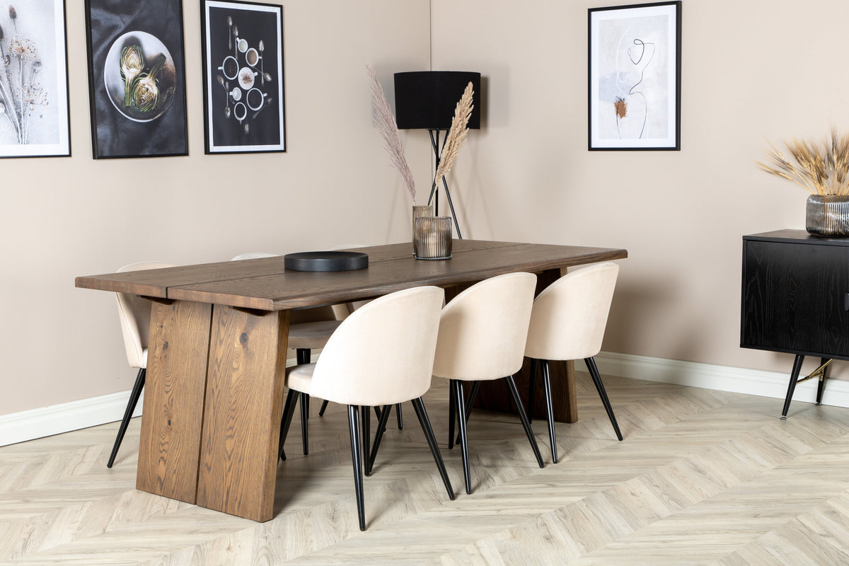 Logger matbord rökt ek 210 cm med 6 Velvet matstolar beige