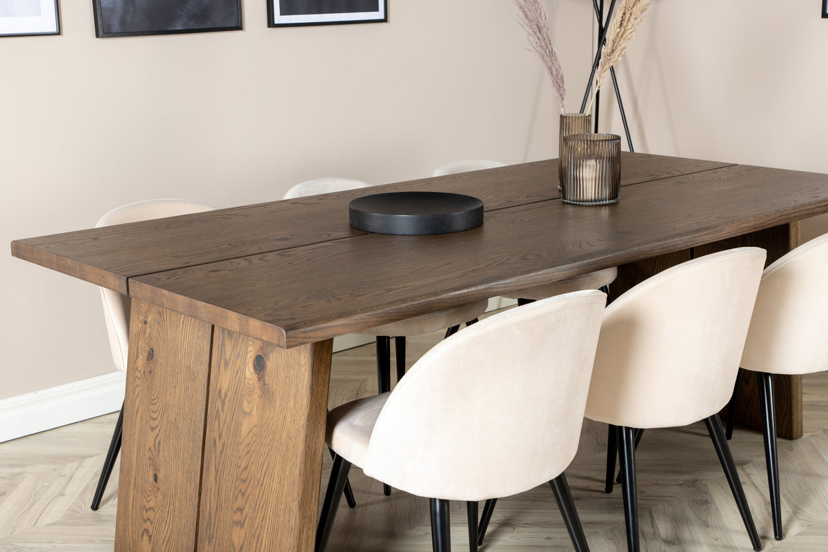 Logger matbord rökt ek 210 cm med 6 Velvet matstolar beige