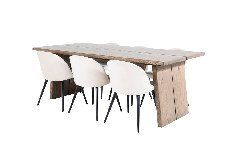Logger matbord rökt ek 210 cm med 6 Velvet matstolar beige