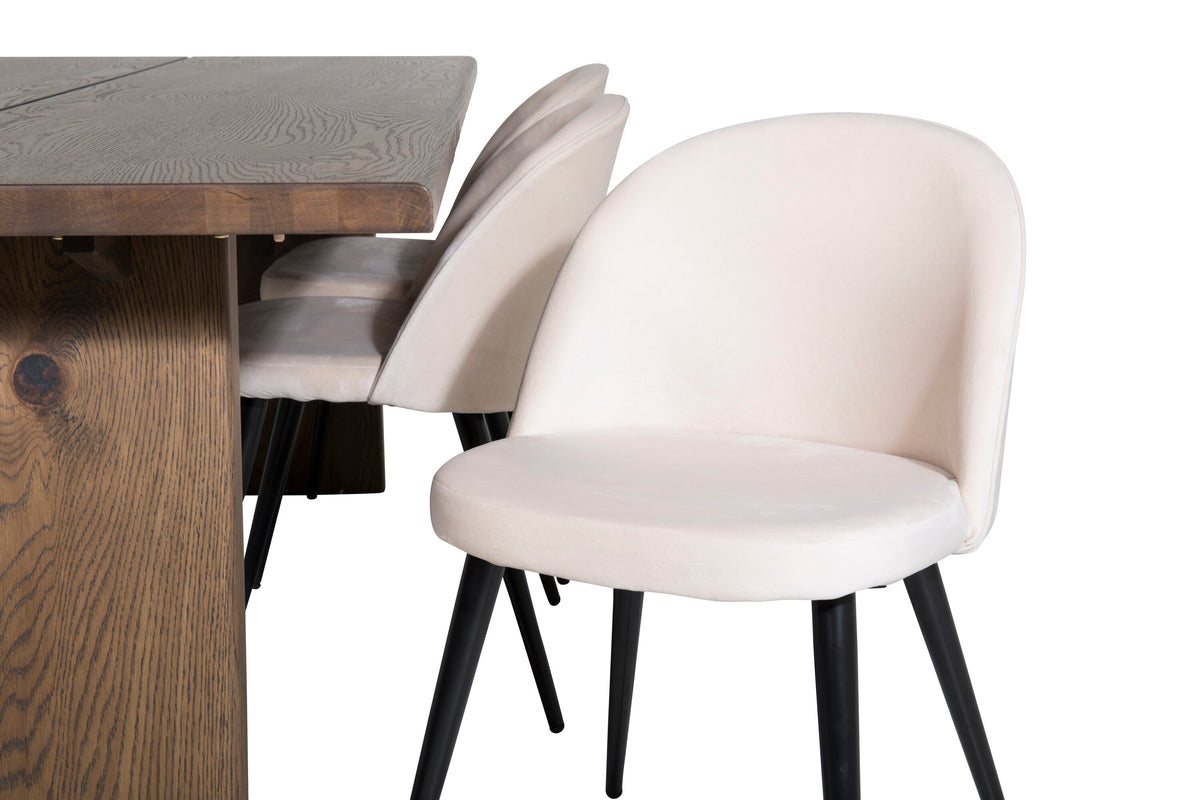 Logger matbord rökt ek 210 cm med 6 Velvet matstolar beige