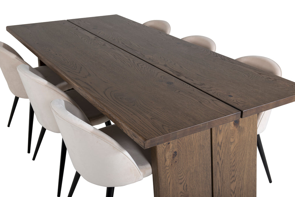 Logger matbord rökt ek 210 cm med 6 Velvet matstolar beige
