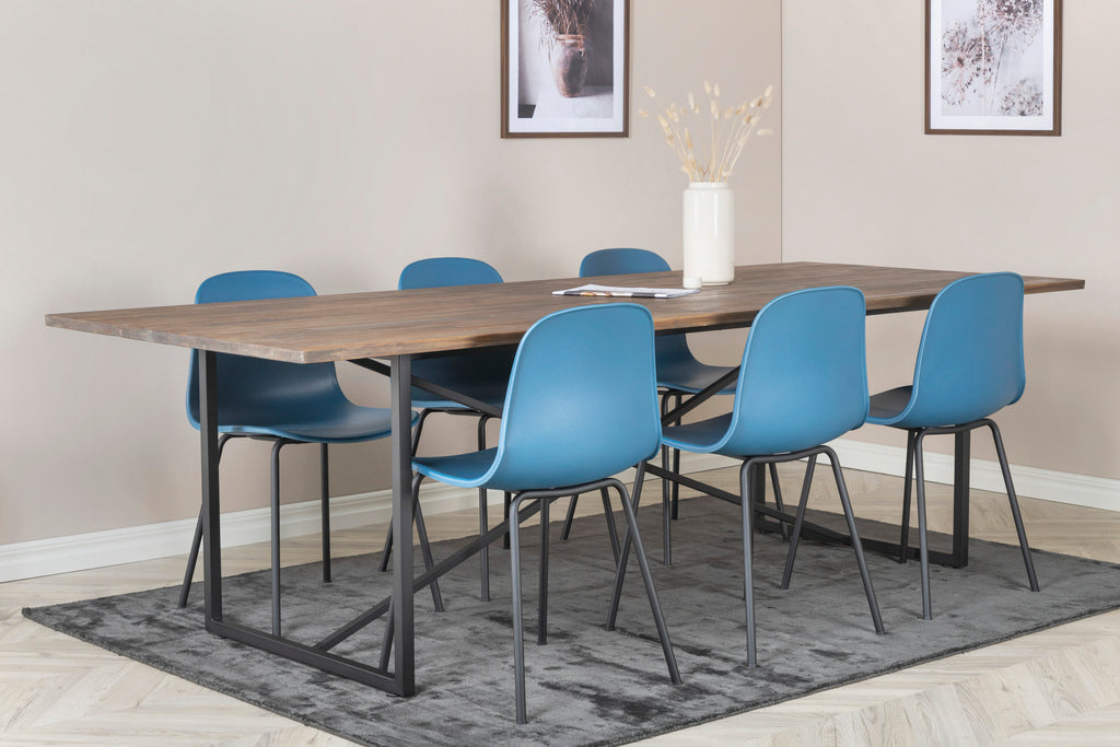 Padang matbord 250x100xH76 mörk teak med svarta ben och 6 Arctic matstolar svarta ben blå plast