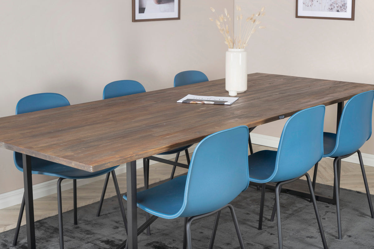 Padang matbord 250x100xH76 mörk teak med svarta ben och 6 Arctic matstolar svarta ben blå plast