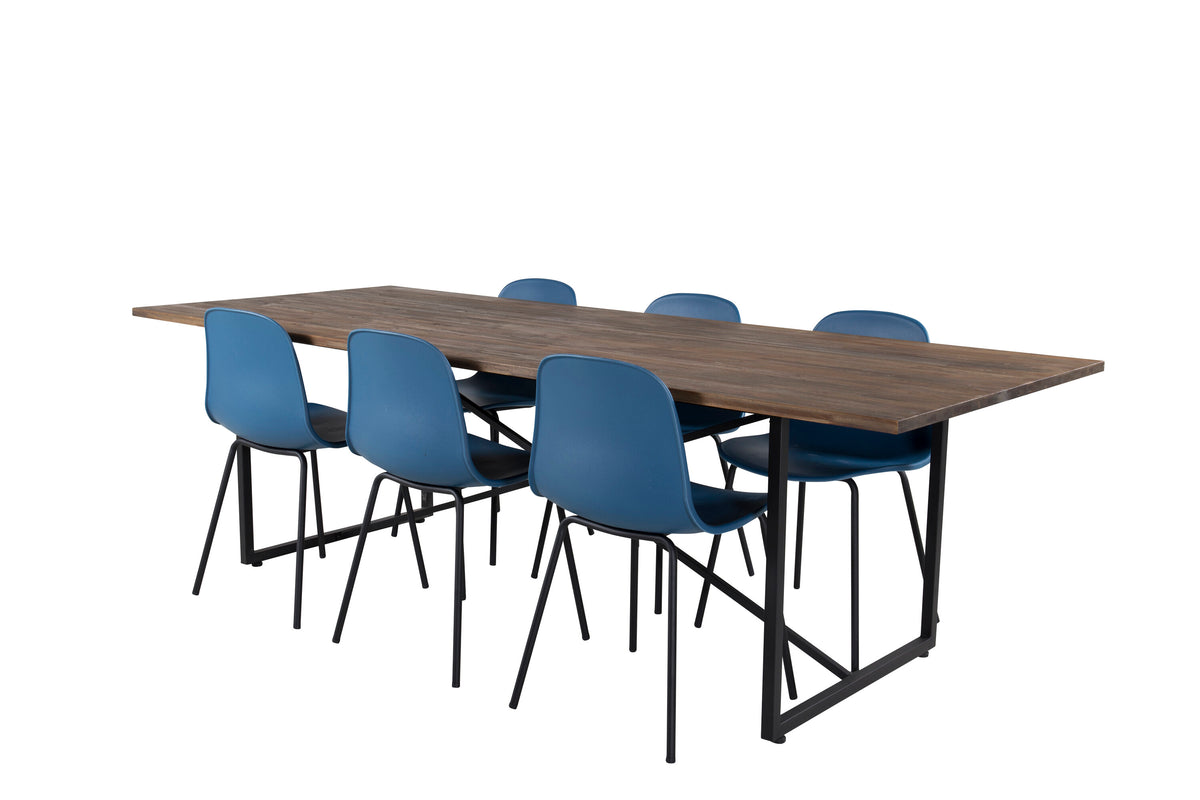 Padang matbord 250x100xH76 mörk teak med svarta ben och 6 Arctic matstolar svarta ben blå plast