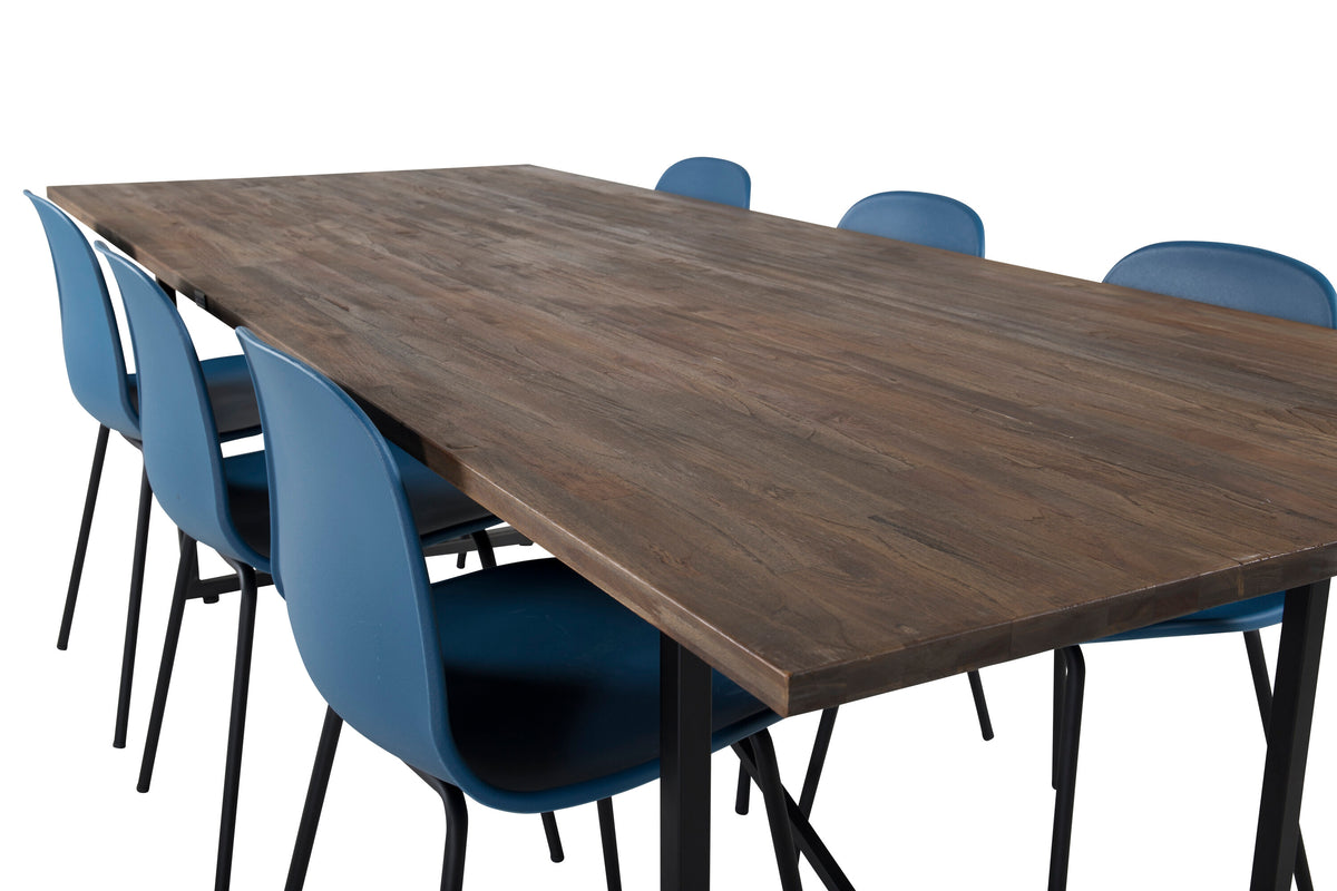 Padang matbord 250x100xH76 mörk teak med svarta ben och 6 Arctic matstolar svarta ben blå plast