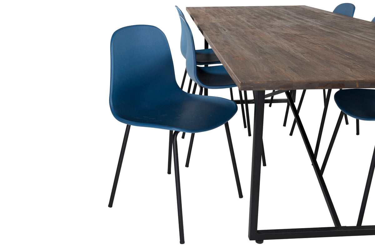 Padang matbord 250x100xH76 mörk teak med svarta ben och 6 Arctic matstolar svarta ben blå plast