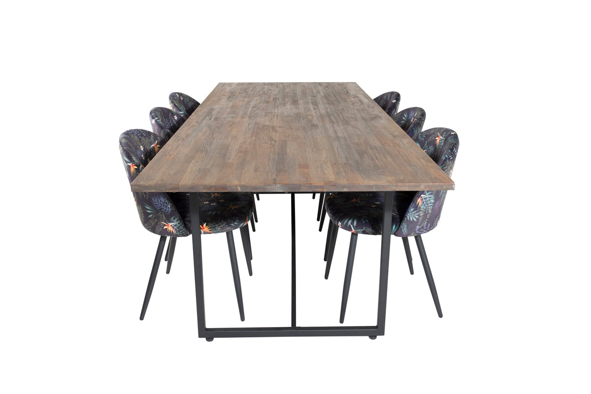 Padang matbord 250x100xH76 mörk teak med svarta ben och 6 Velvet matstolar Black Flower tyg