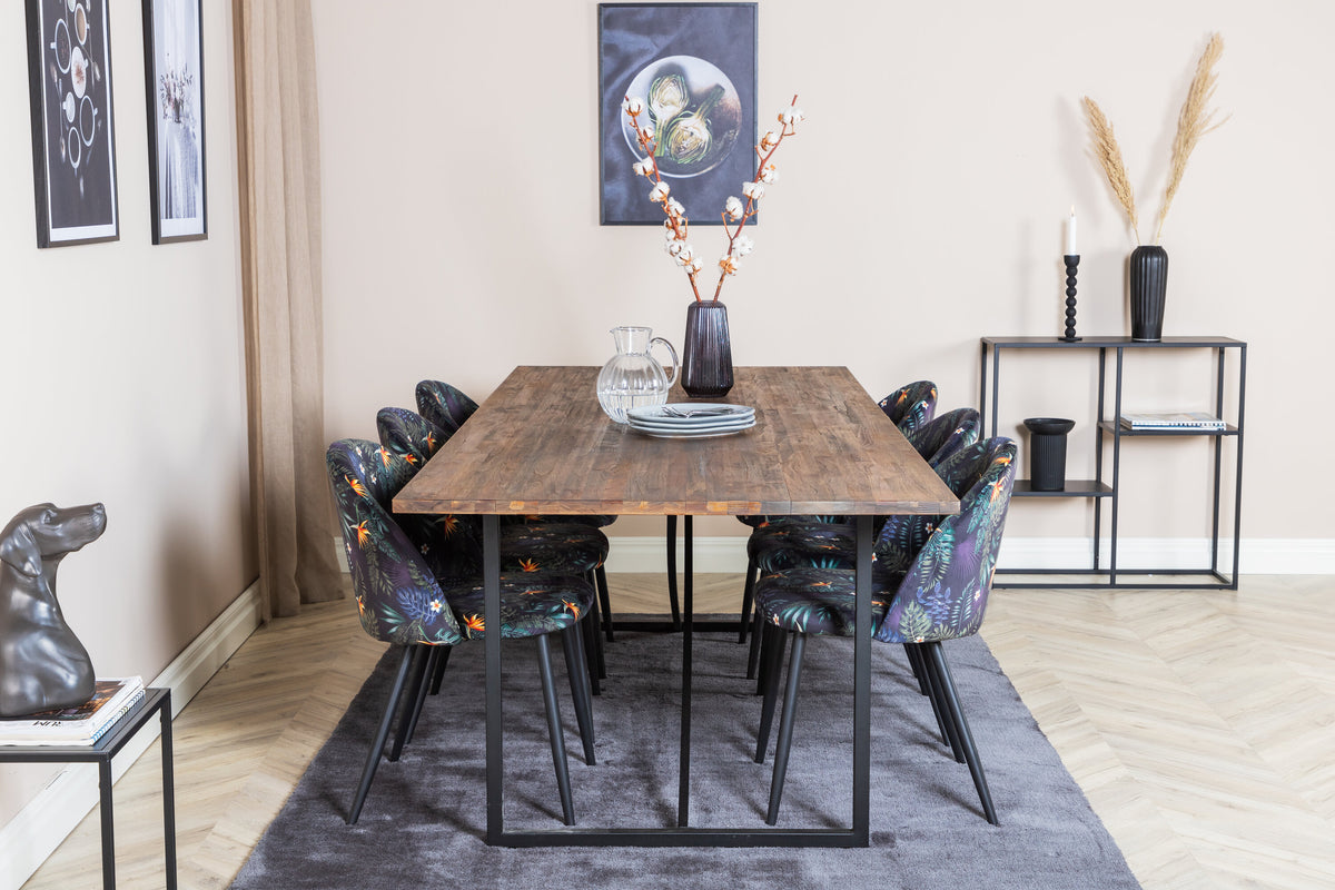 Padang matbord 250x100xH76 mörk teak med svarta ben och 6 Velvet matstolar Black Flower tyg