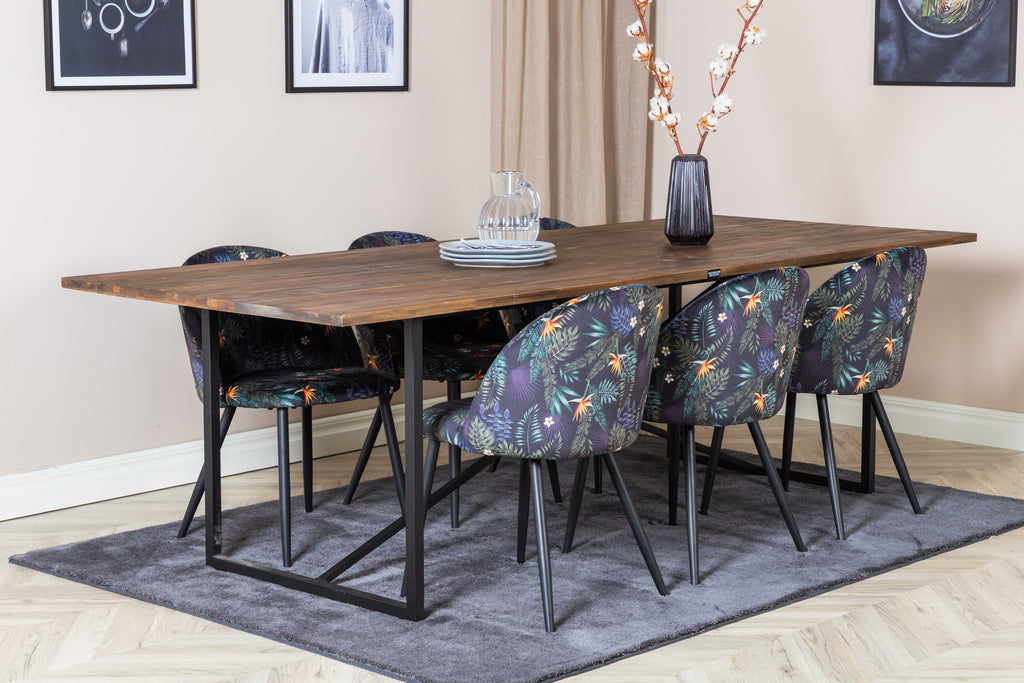 Padang matbord 250x100xH76 mörk teak med svarta ben och 6 Velvet matstolar Black Flower tyg