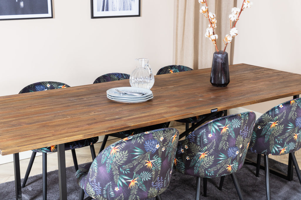 Padang matbord 250x100xH76 mörk teak med svarta ben och 6 Velvet matstolar Black Flower tyg