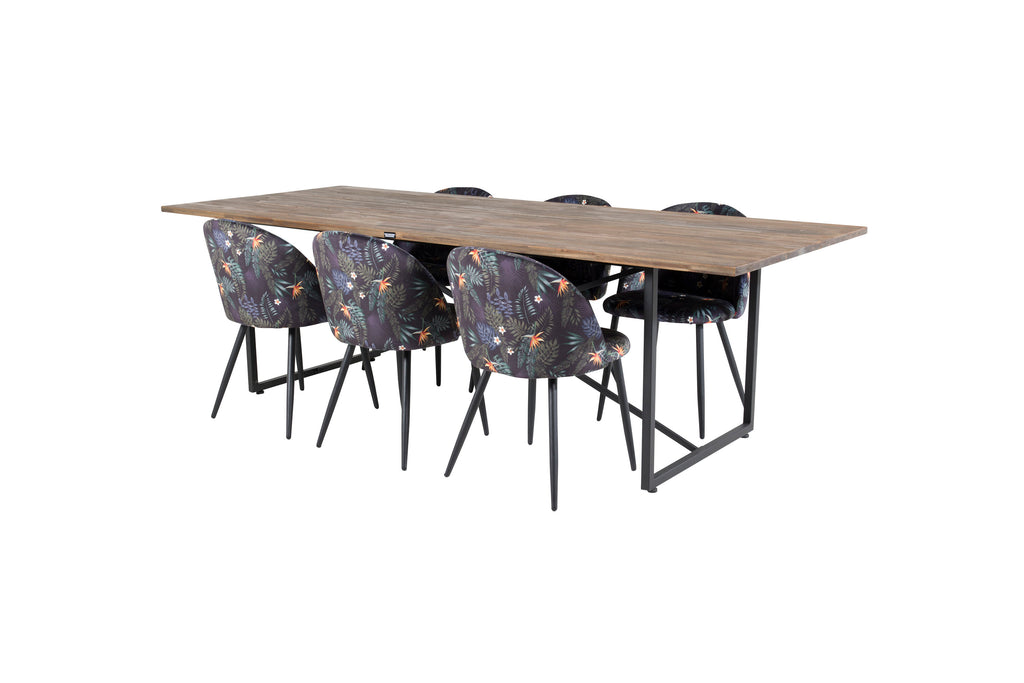 Padang matbord 250x100xH76 mörk teak med svarta ben och 6 Velvet matstolar Black Flower tyg
