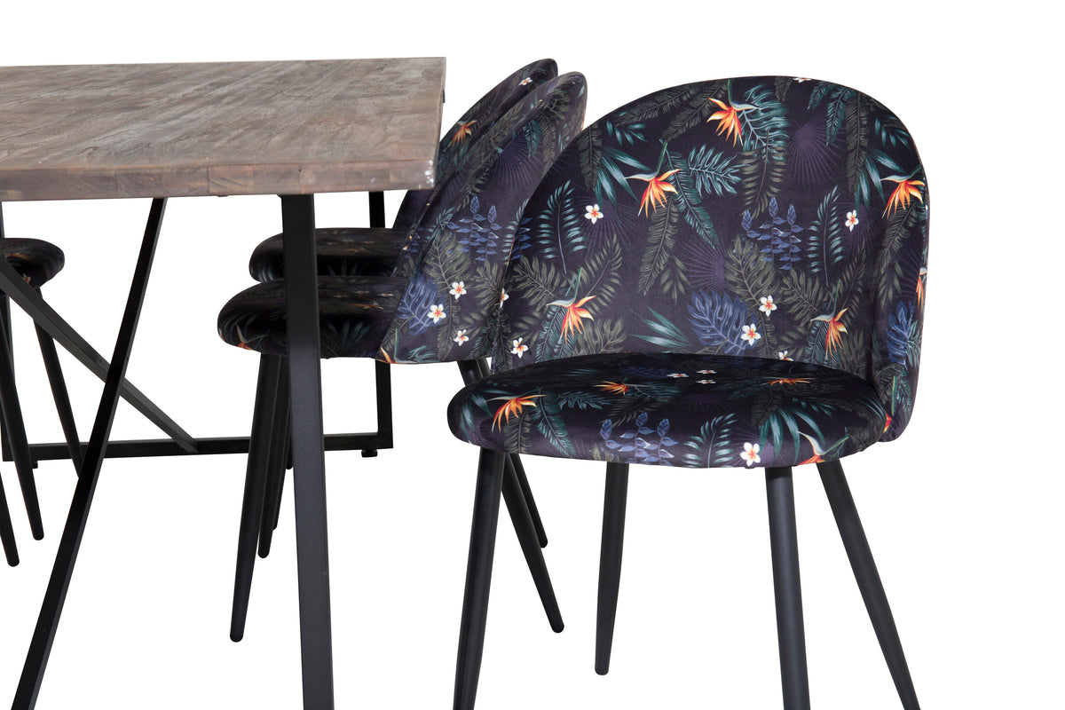 Padang matbord 250x100xH76 mörk teak med svarta ben och 6 Velvet matstolar Black Flower tyg