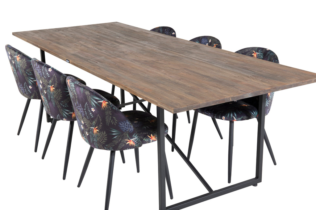 Padang matbord 250x100xH76 mörk teak med svarta ben och 6 Velvet matstolar Black Flower tyg