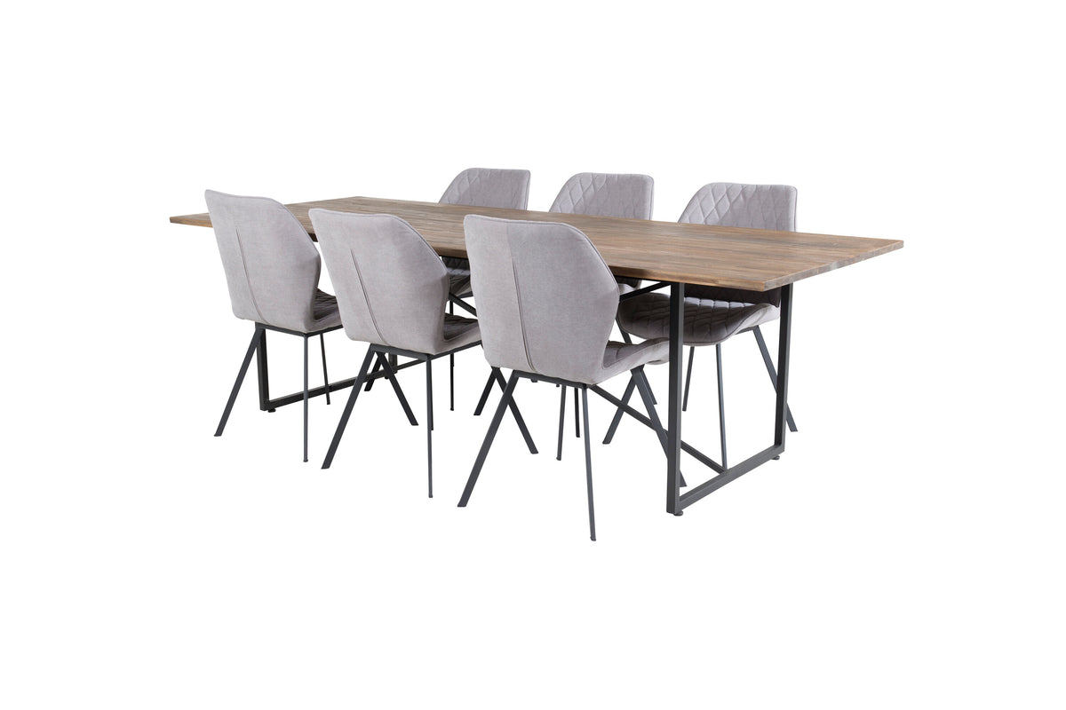 Padang matbord 250*100*H76 mörk teak/svart med 6 Gemma matstolar svarta ben grå tyg