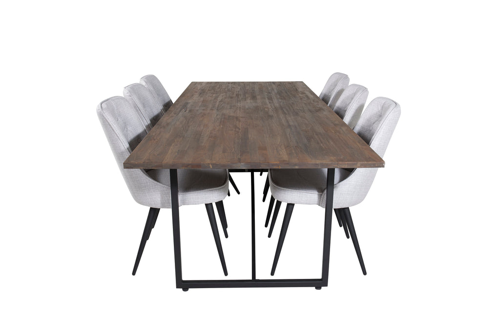 Padang matbord 250*100*H76 mörk teak/svart med 6 Velvet Deluxe matstolar svarta ben ljusgrå tyg