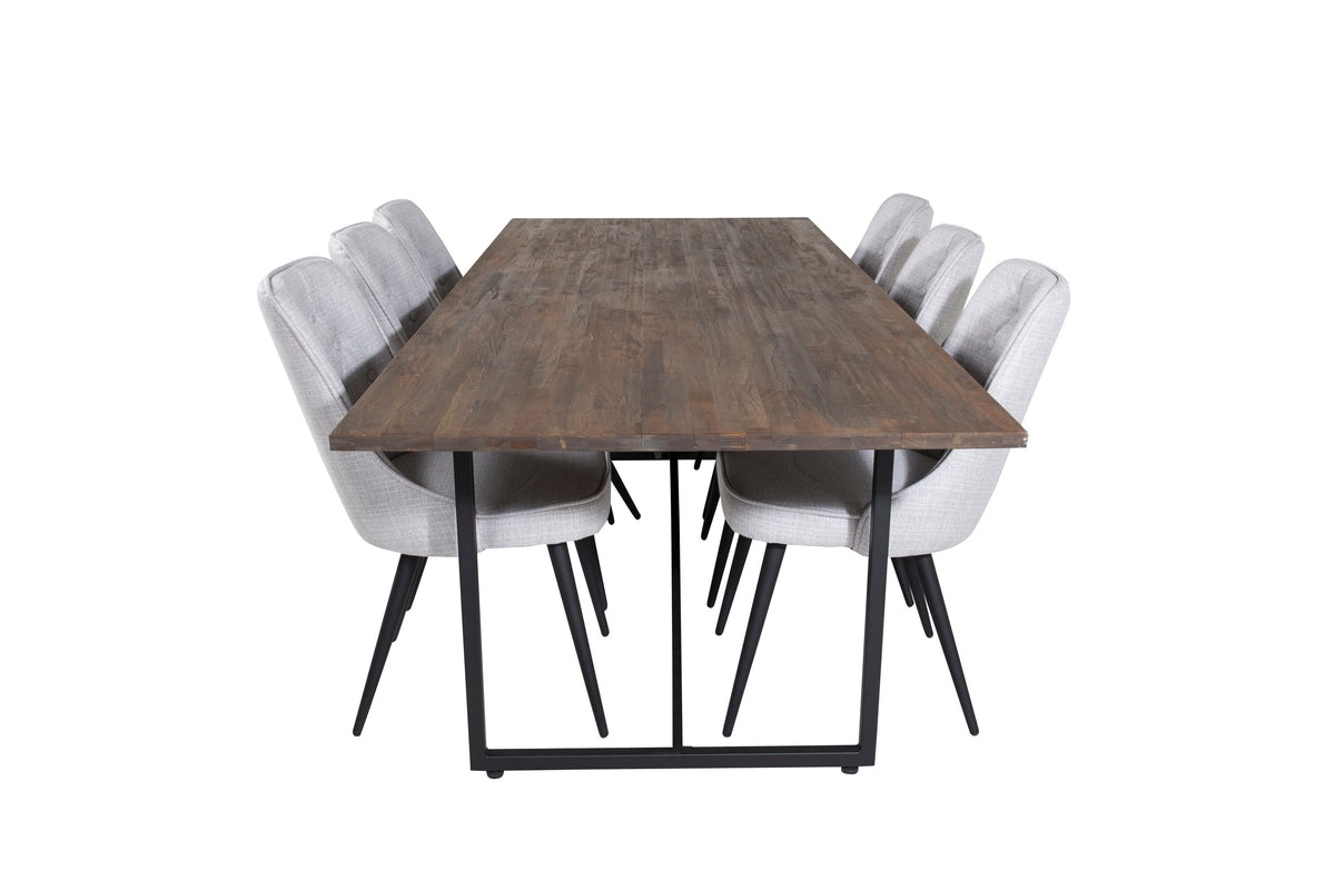 Padang matbord 250*100*H76 mörk teak/svart med 6 Velvet Deluxe matstolar svarta ben ljusgrå tyg