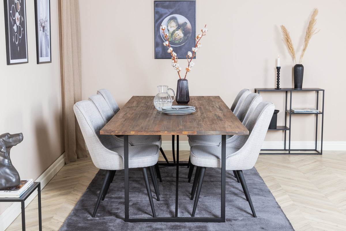 Padang matbord 250*100*H76 mörk teak/svart med 6 Velvet Deluxe matstolar svarta ben ljusgrå tyg