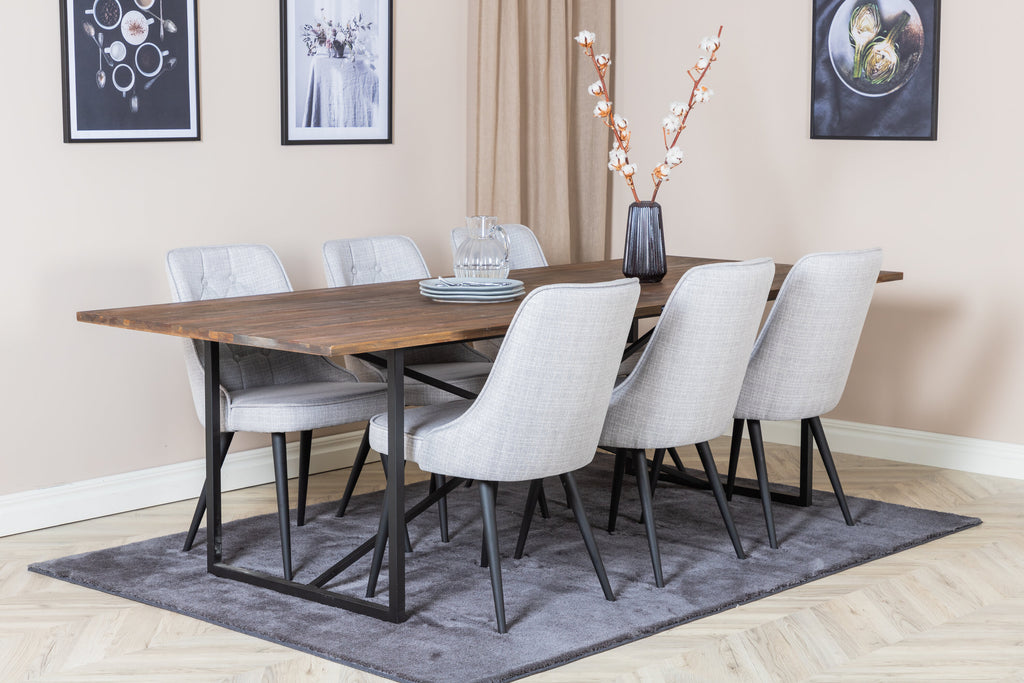 Padang matbord 250*100*H76 mörk teak/svart med 6 Velvet Deluxe matstolar svarta ben ljusgrå tyg