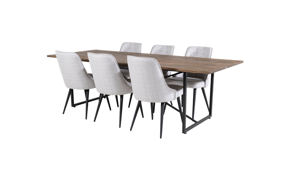 Padang matbord 250*100*H76 mörk teak/svart med 6 Velvet Deluxe matstolar svarta ben ljusgrå tyg