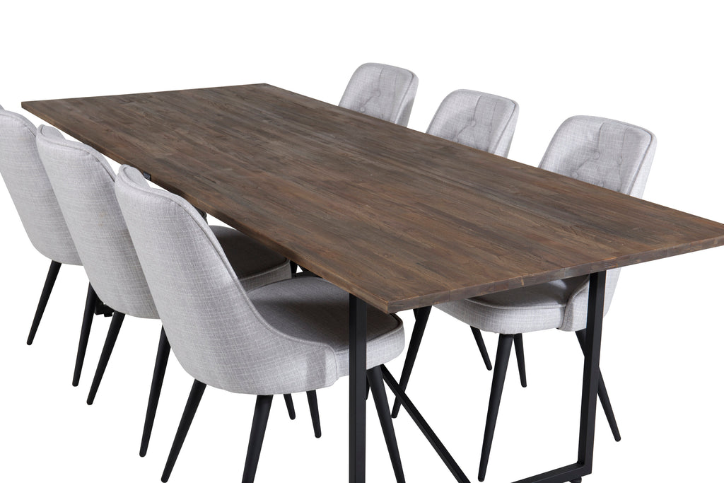 Padang matbord 250*100*H76 mörk teak/svart med 6 Velvet Deluxe matstolar svarta ben ljusgrå tyg
