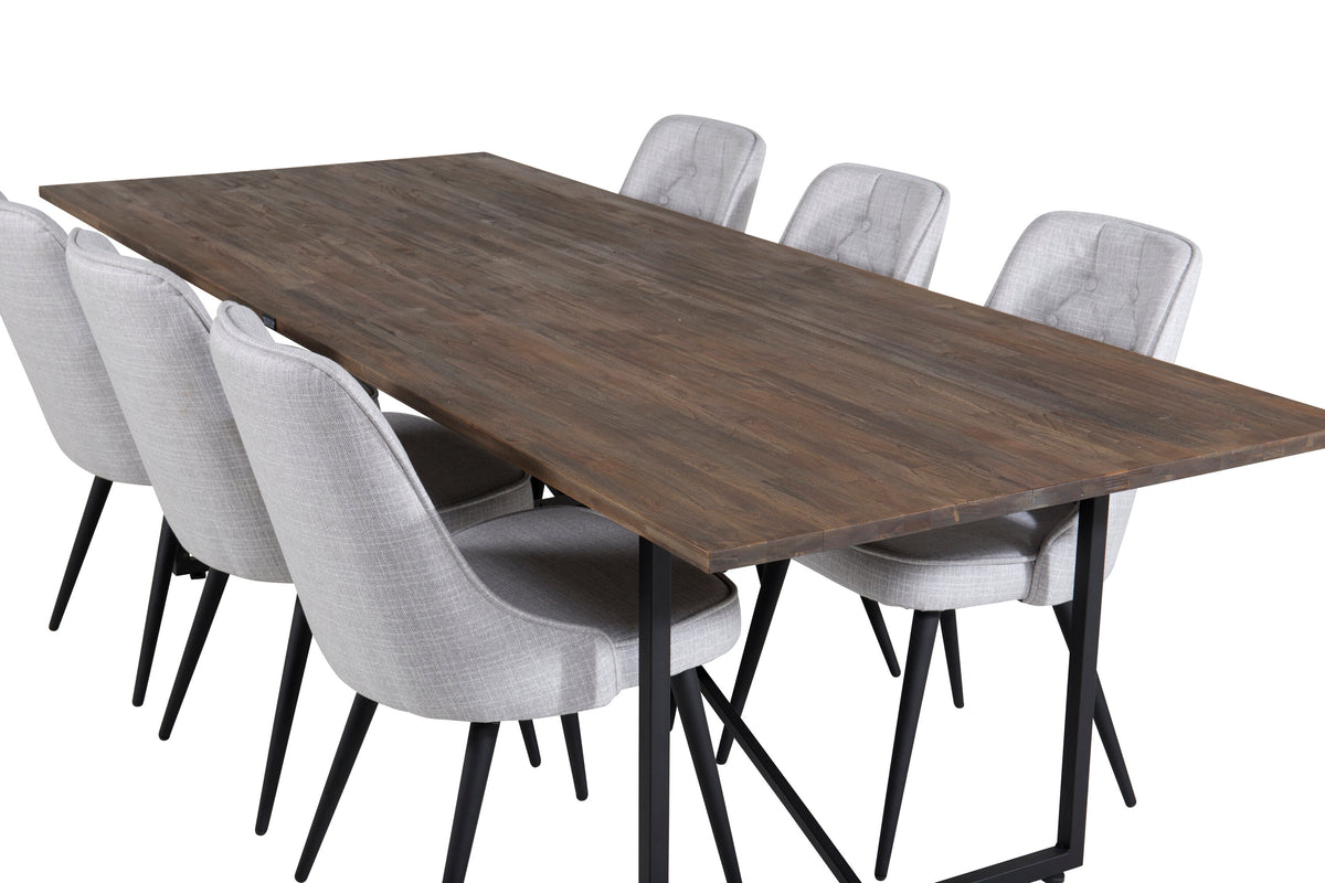 Padang matbord 250*100*H76 mörk teak/svart med 6 Velvet Deluxe matstolar svarta ben ljusgrå tyg