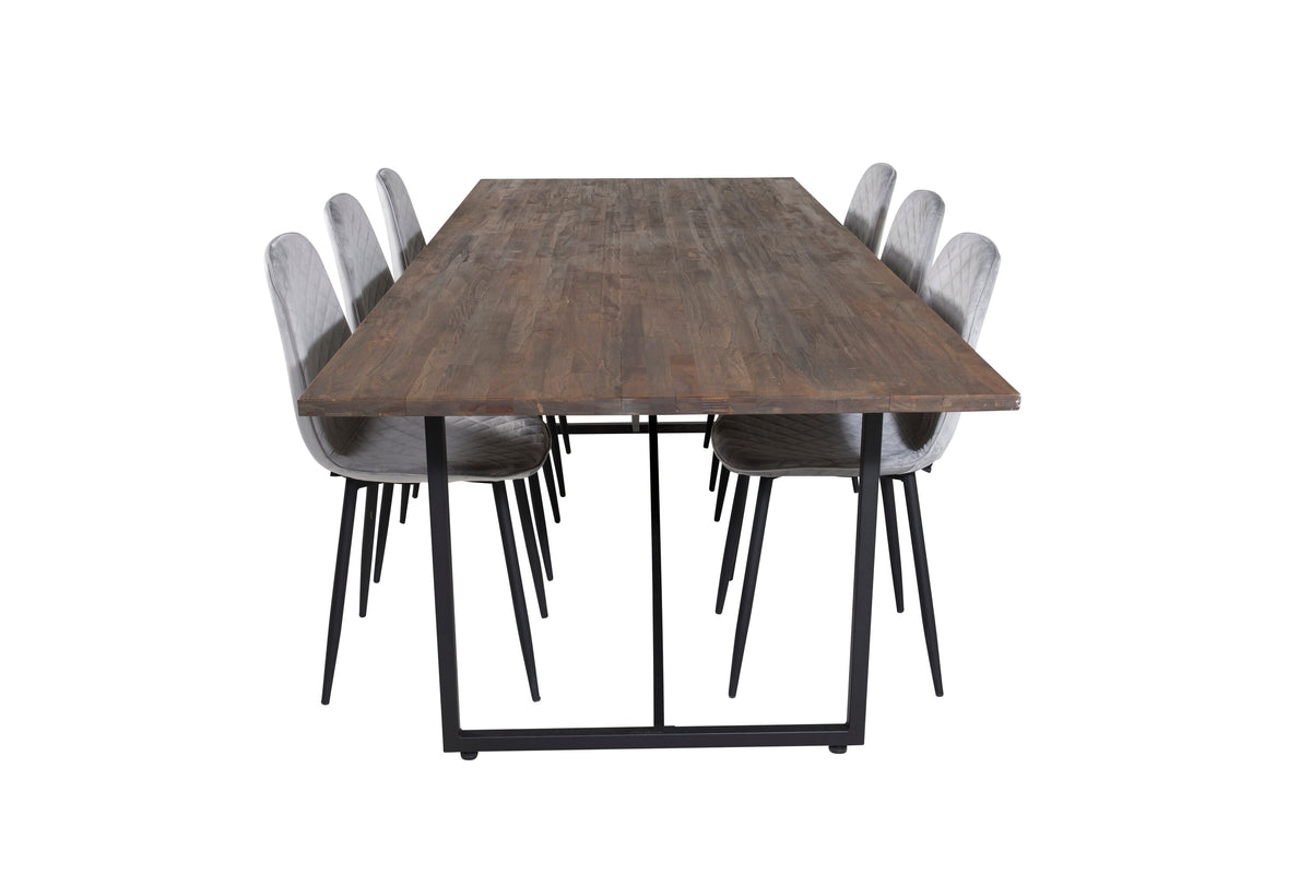 Padang matbord 250*100*H76 mörk teak/svart med 6 Polar Diamond matstolar svarta ben grå sammet