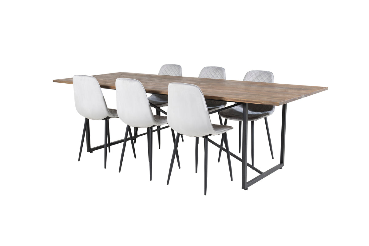 Padang matbord 250*100*H76 mörk teak/svart med 6 Polar Diamond matstolar svarta ben grå sammet