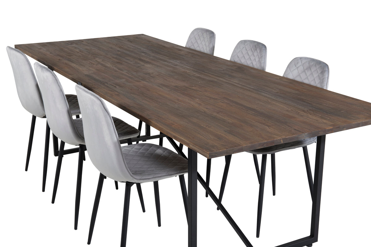 Padang matbord 250*100*H76 mörk teak/svart med 6 Polar Diamond matstolar svarta ben grå sammet