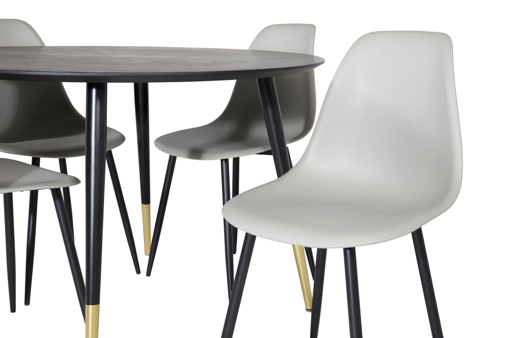 Dipp matbord 115 cm svart/svart mässing med 4 Polar Plastic matstolar svarta ben/grå plast