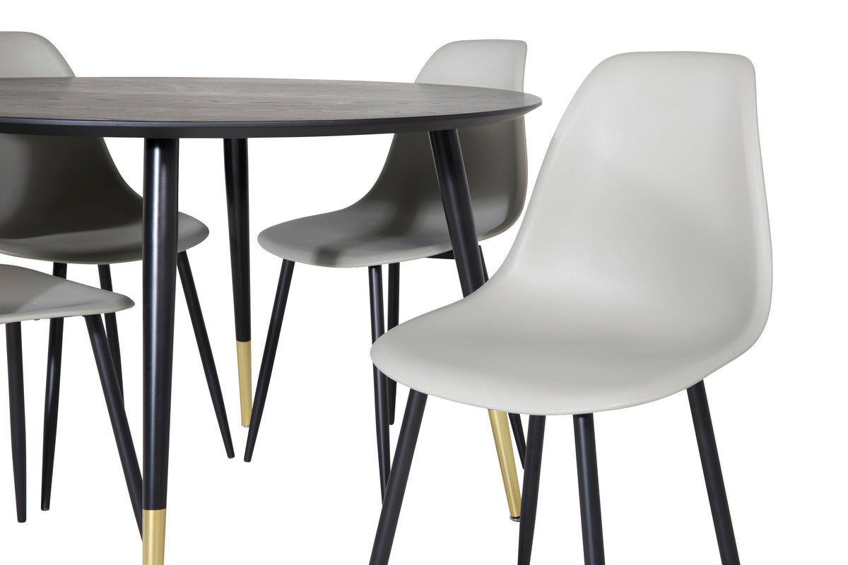 Dipp matbord 115 cm svart/svart mässing med 4 Polar Plastic matstolar svarta ben/grå plast