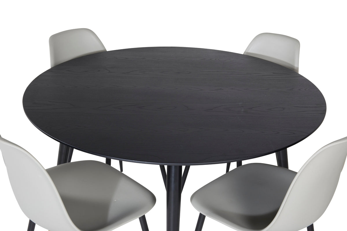 Dipp matbord 115 cm svart/svart mässing med 4 Polar Plastic matstolar svarta ben/grå plast