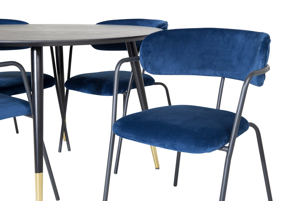 Dipp matbord 115 cm svart/svart mässing med 4 Arrow karmstolar svarta ben blå sammet