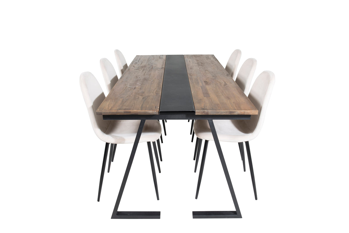 Jakarta matbord 200*90*H75 mörk teak/svart med 6 Polar matstolar svarta ben beige sammet