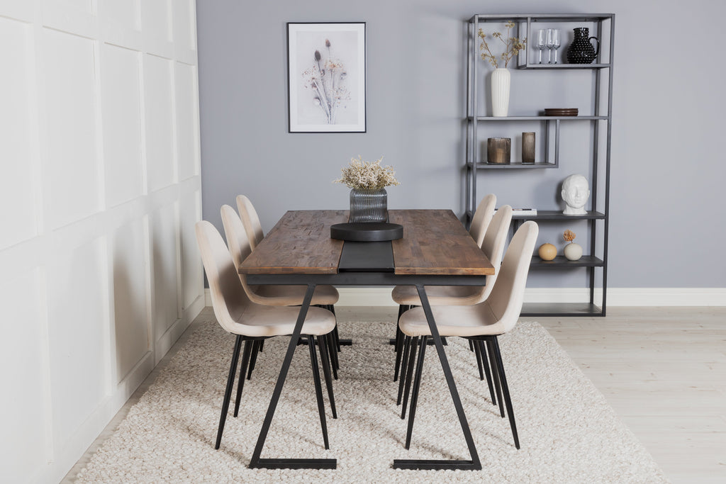 Jakarta matbord 200*90*H75 mörk teak/svart med 6 Polar matstolar svarta ben beige sammet