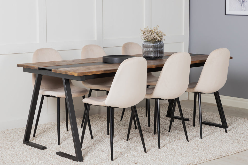 Jakarta matbord 200*90*H75 mörk teak/svart med 6 Polar matstolar svarta ben beige sammet