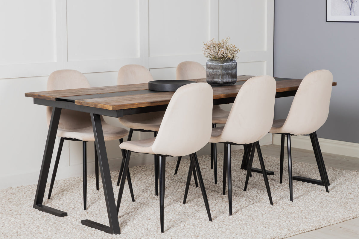 Jakarta matbord 200*90*H75 mörk teak/svart med 6 Polar matstolar svarta ben beige sammet