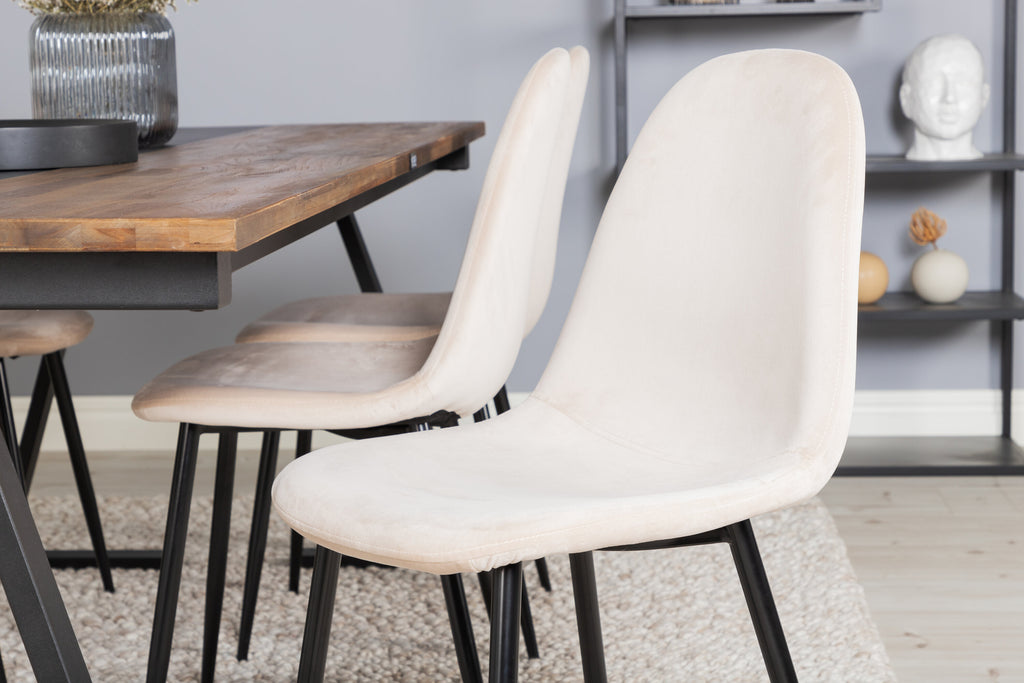 Jakarta matbord 200*90*H75 mörk teak/svart med 6 Polar matstolar svarta ben beige sammet