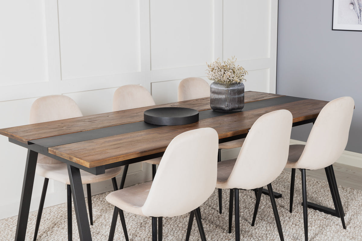 Jakarta matbord 200*90*H75 mörk teak/svart med 6 Polar matstolar svarta ben beige sammet