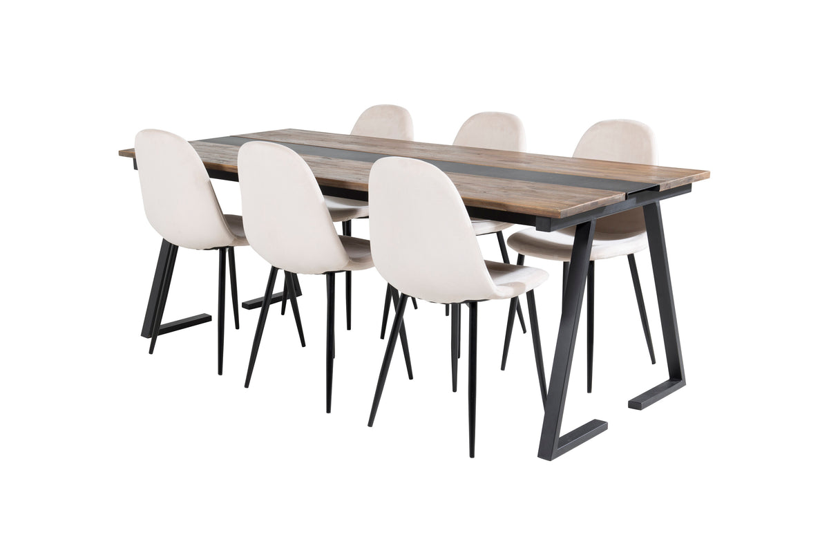 Jakarta matbord 200*90*H75 mörk teak/svart med 6 Polar matstolar svarta ben beige sammet