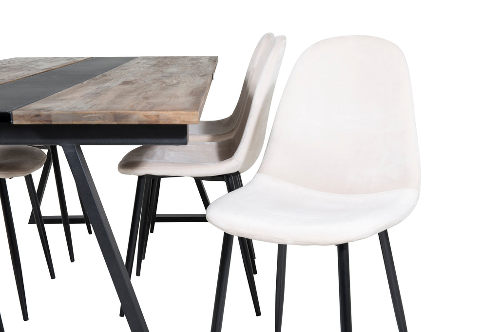 Jakarta matbord 200*90*H75 mörk teak/svart med 6 Polar matstolar svarta ben beige sammet