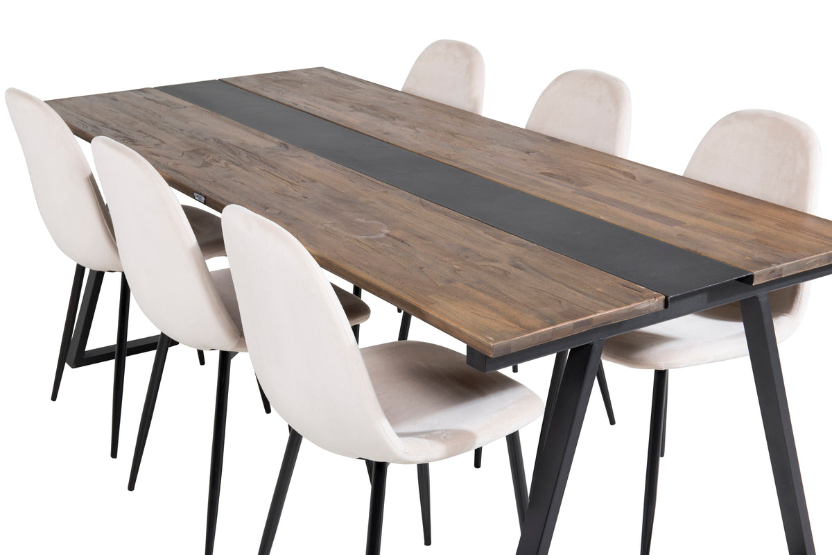 Jakarta matbord 200*90*H75 mörk teak/svart med 6 Polar matstolar svarta ben beige sammet