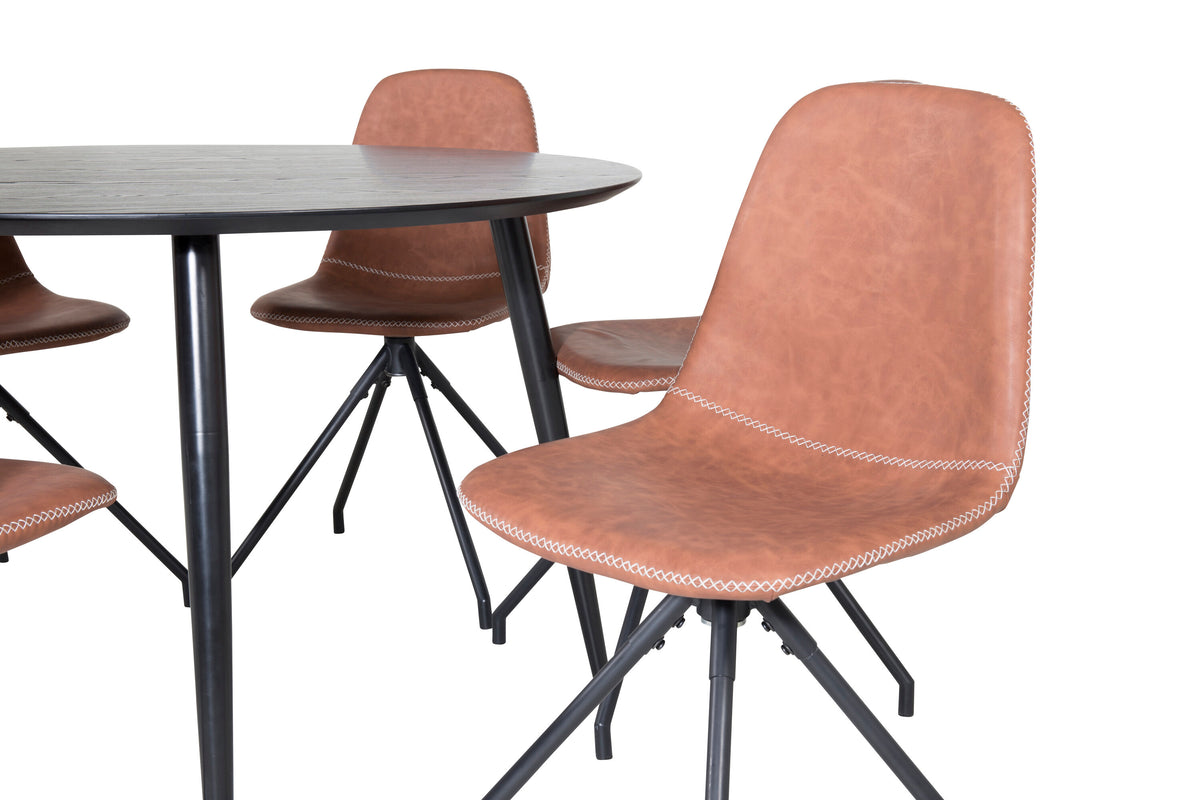 Dipp matbord 115cm svart faner/helsvarta ben med 6 Polar matstolar med snurrfunktion svarta ben brun PU vita sömmar
