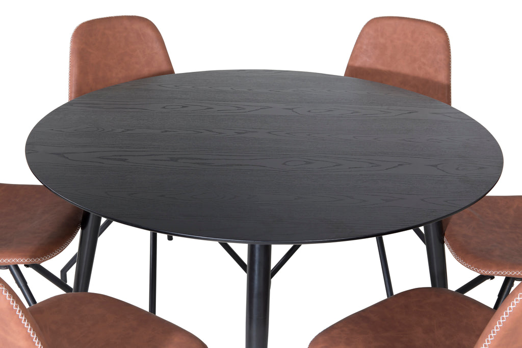 Dipp matbord 115cm svart faner/helsvarta ben med 6 Polar matstolar med snurrfunktion svarta ben brun PU vita sömmar