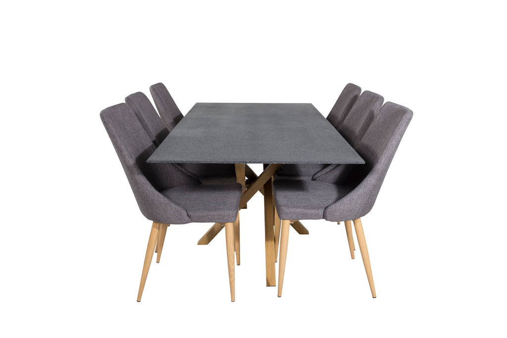 Piazza matbord 180*90 spraystone/ek med 6 Leone matstolar ek/mörkgrå