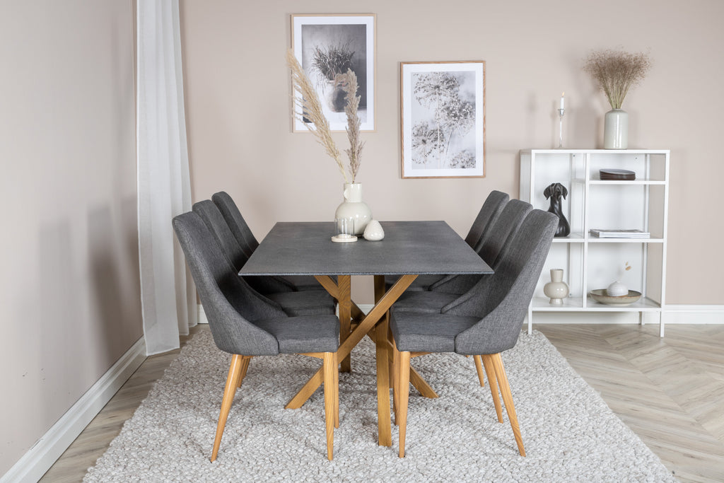 Piazza matbord 180*90 spraystone/ek med 6 Leone matstolar ek/mörkgrå