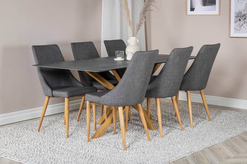 Piazza matbord 180*90 spraystone/ek med 6 Leone matstolar ek/mörkgrå