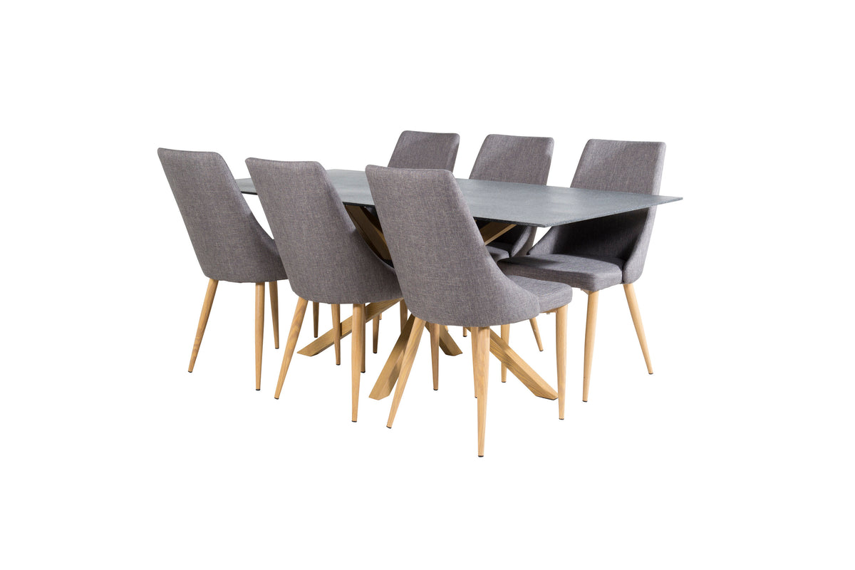 Piazza matbord 180*90 spraystone/ek med 6 Leone matstolar ek/mörkgrå