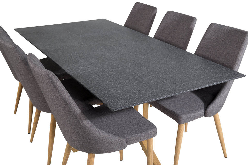 Piazza matbord 180*90 spraystone/ek med 6 Leone matstolar ek/mörkgrå