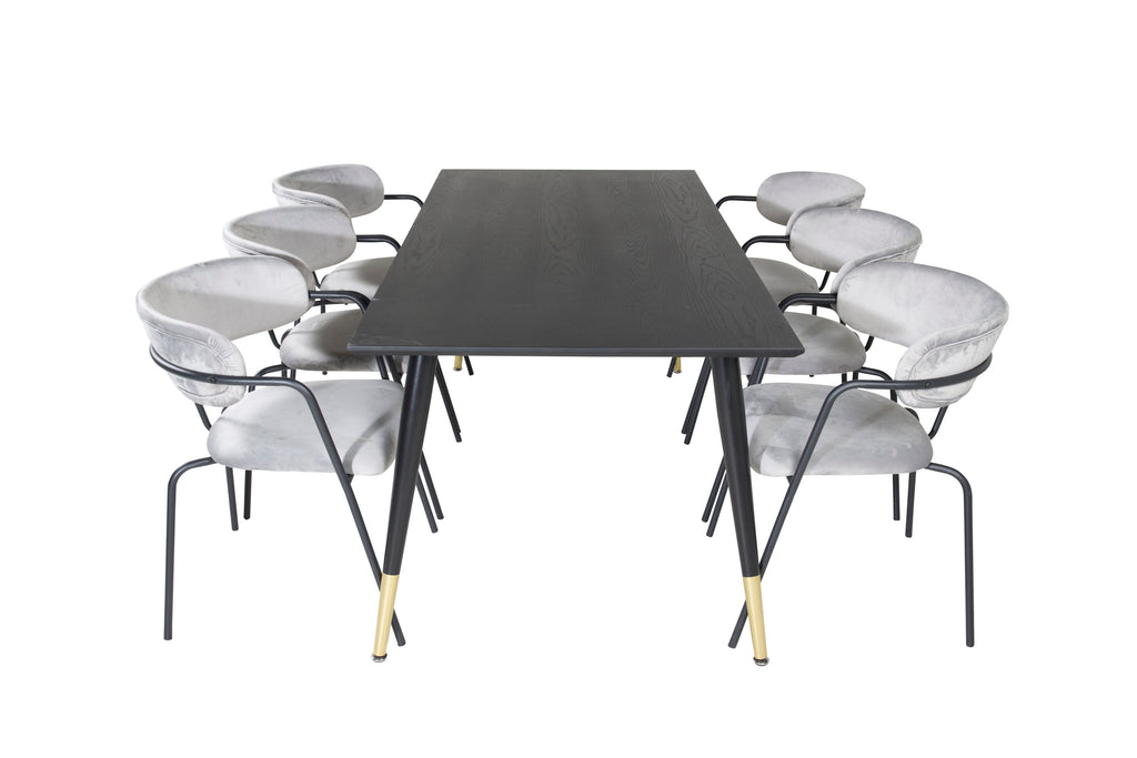Dipp och Arrow matgrupp 180x90 cm svart/grå med mässingsfärgade detaljer och sammet