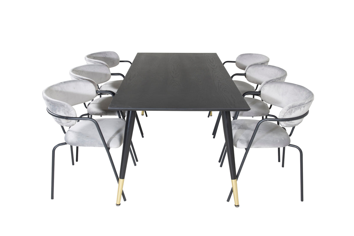 Dipp och Arrow matgrupp 180x90 cm svart/grå med mässingsfärgade detaljer och sammet